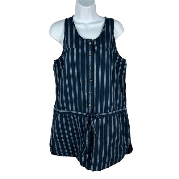 Sandy & Sid Striped Cotton Sleeveless Button-Up Romper With Tie Waist - Large - Picture 1 of 7